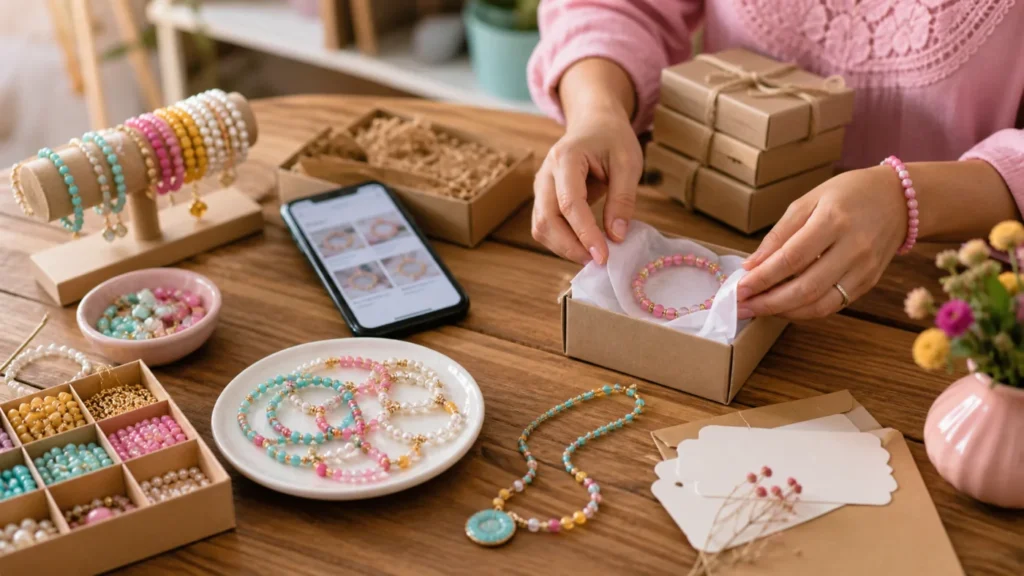 Pulseiras e bijuterias artesanais com micangas sendo embaladas para venda online