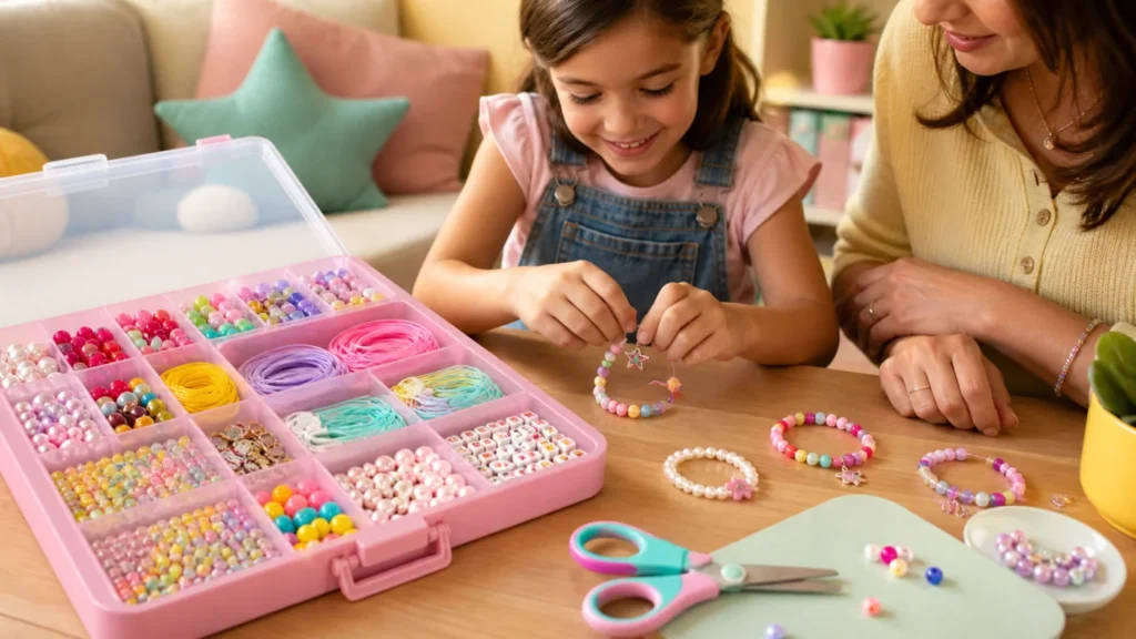 Kit de micangas infantil aberto com crianca criando pulseira artesanal