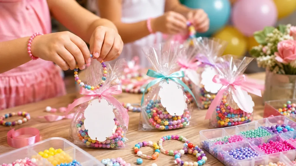 Criancas preparando lembrancinhas de festa infantil com pulseiras e micangas coloridas
