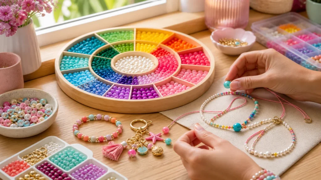Micangas coloridas organizadas por paleta para combinar cores em pulseiras colares e chaveiros