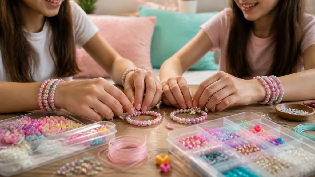 Duas criancas criando pulseiras da amizade com micangas coloridas